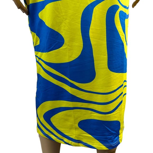 Women Bodycon Strapless Dress Large Yellow Blue Midi Stretch Backless - Picture 10 of 15